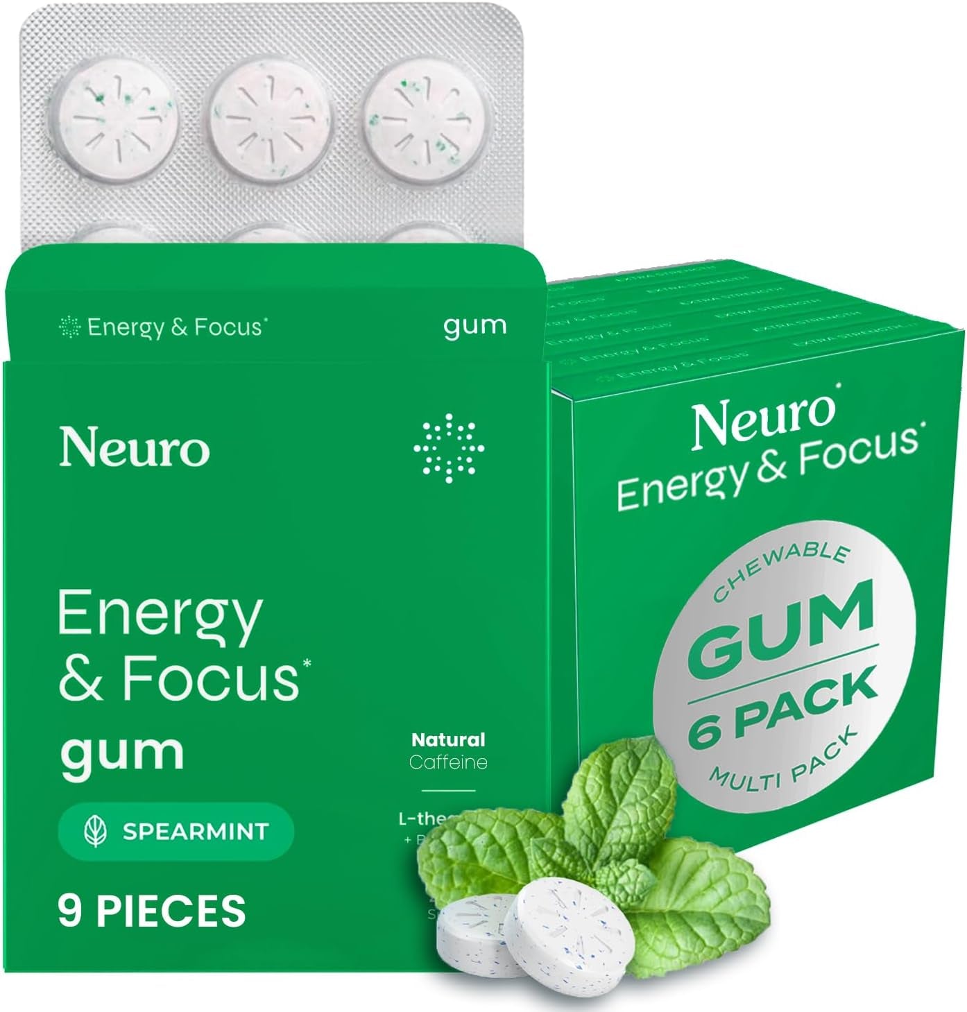Energy & Focus Gum (54 Count-6 Pack, Peppermint) | 40Mg Natural Caffeine + L-Theanine + Vitamin B12 & B6 + Xylitol | Sugar Free Nootropic Cognitive Brain Performance Supplement