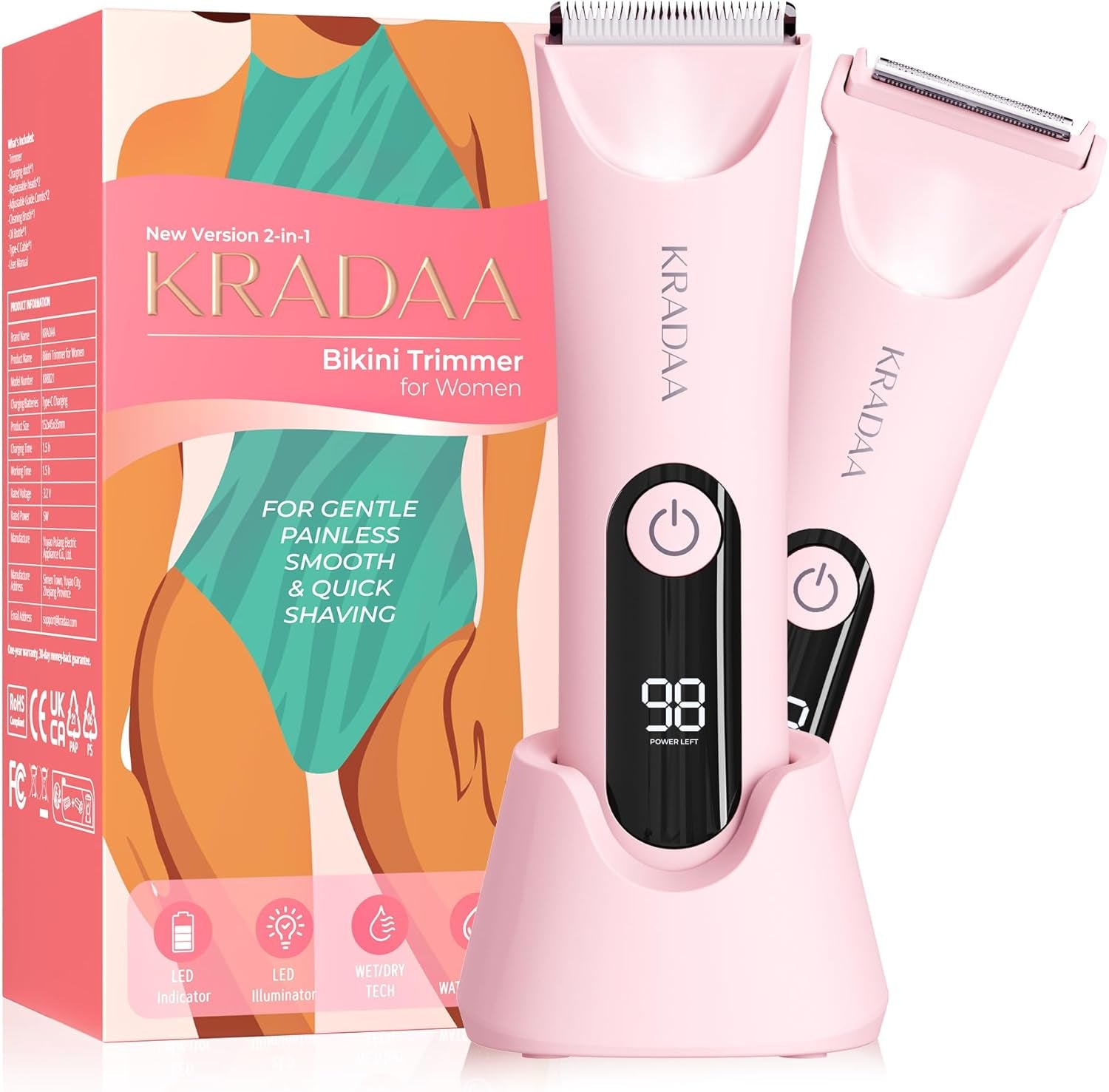 Bikini Trimmer for Women Pubic Hair: Rechargeable Eletctric Razors for Women - Painless Eletctric Shaver Waterproof IPX7 (Pink)