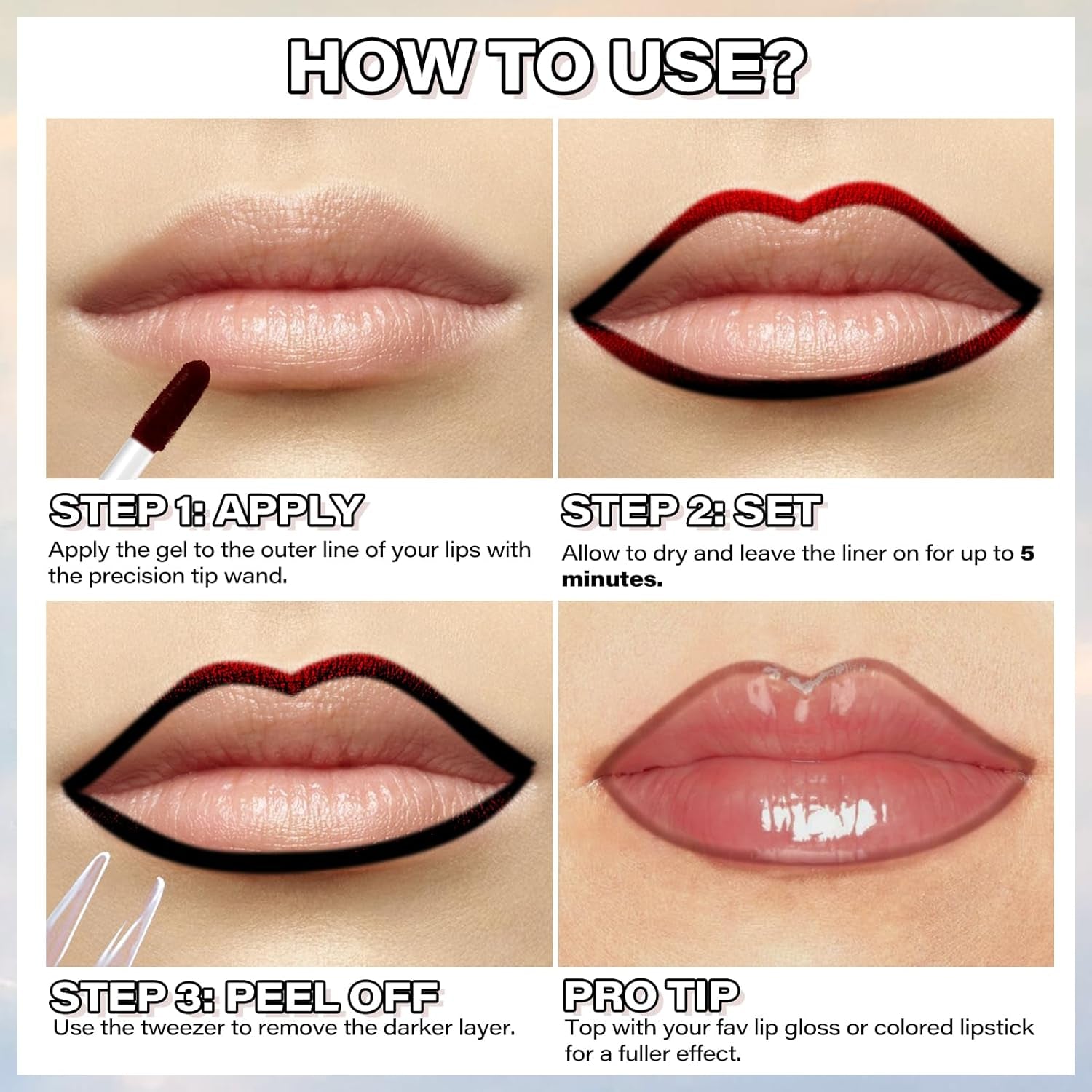 Peel off Lip Liner Stain, Long Wear Tattoo Lip Liner with Tweezer, Peel off Lip Stain with Matte Finish, Long Lasting, Waterproof, Transfer-Proof, Highly Pigmented Color (Cocoa)