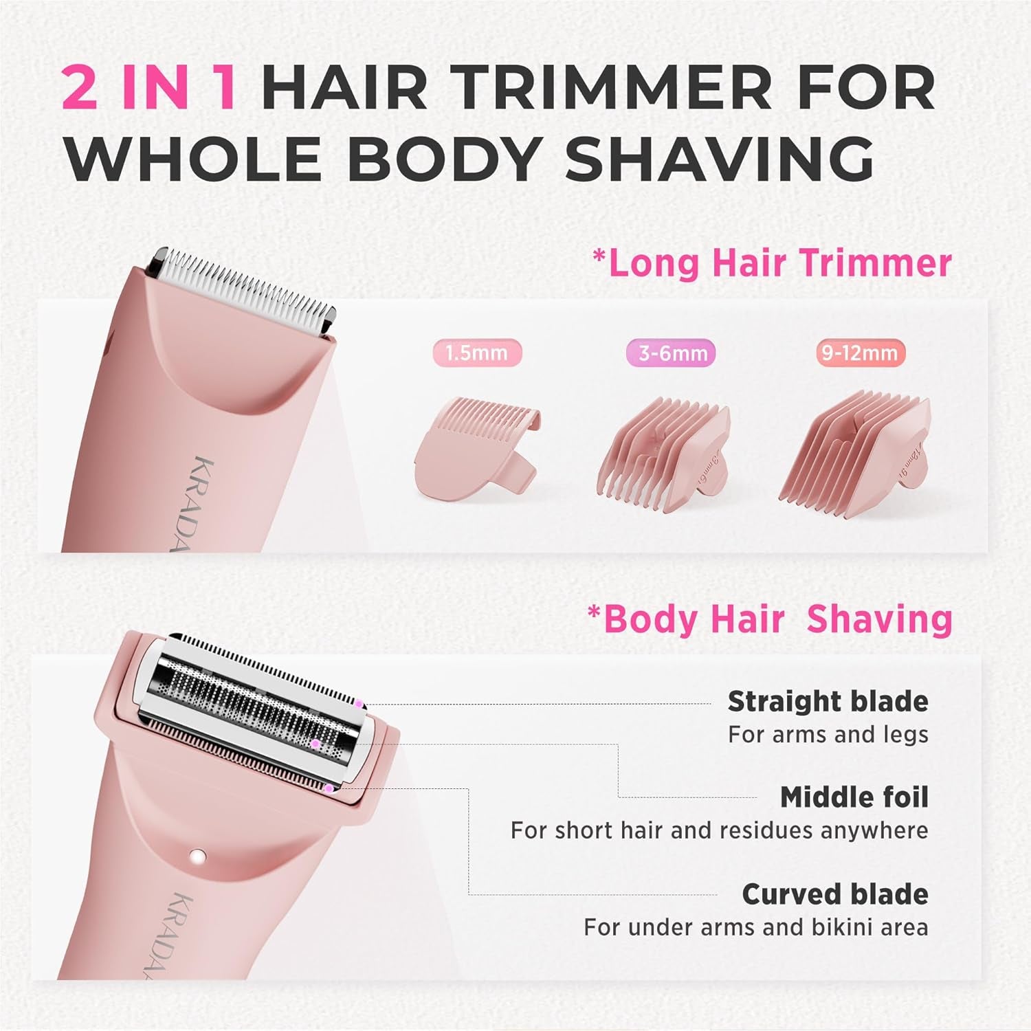 Bikini Trimmer for Women Pubic Hair: Rechargeable Eletctric Razors for Women - Painless Eletctric Shaver Waterproof IPX7 (Pink)