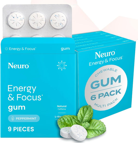 Energy & Focus Gum (54 Count-6 Pack, Peppermint) | 40Mg Natural Caffeine + L-Theanine + Vitamin B12 & B6 + Xylitol | Sugar Free Nootropic Cognitive Brain Performance Supplement