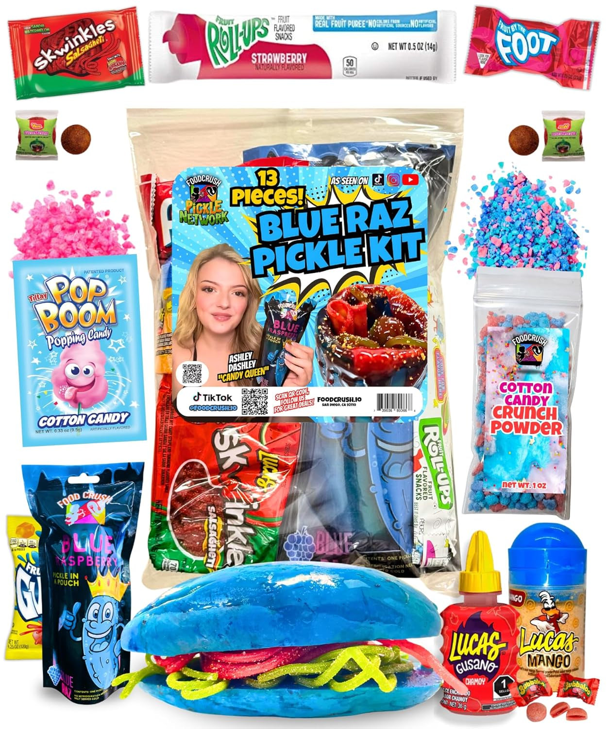 Blue Raspberry Pickle Kit with Takis-Mexican Candy (Dulces Mexicano) Gift Pouch with Takis, Fruit Roll Up, Gushers, Lucas Gusano Chamoy Sauce and More-Tiktok Trend Items by