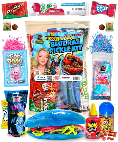 Blue Raspberry Pickle Kit with Takis-Mexican Candy (Dulces Mexicano) Gift Pouch with Takis, Fruit Roll Up, Gushers, Lucas Gusano Chamoy Sauce and More-Tiktok Trend Items by