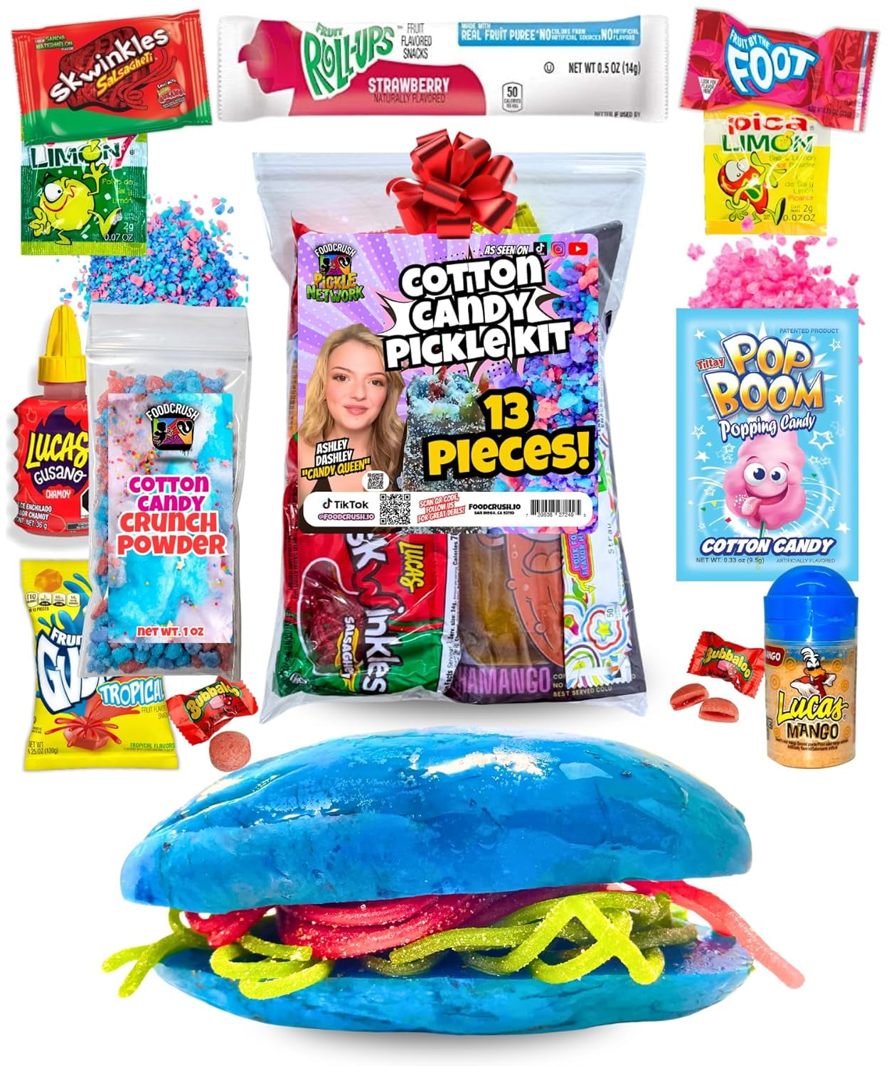 Blue Raspberry Pickle Kit with Takis-Mexican Candy (Dulces Mexicano) Gift Pouch with Takis, Fruit Roll Up, Gushers, Lucas Gusano Chamoy Sauce and More-Tiktok Trend Items by