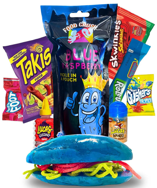 Blue Raspberry Pickle Kit with Takis-Mexican Candy (Dulces Mexicano) Gift Pouch with Takis, Fruit Roll Up, Gushers, Lucas Gusano Chamoy Sauce and More-Tiktok Trend Items by