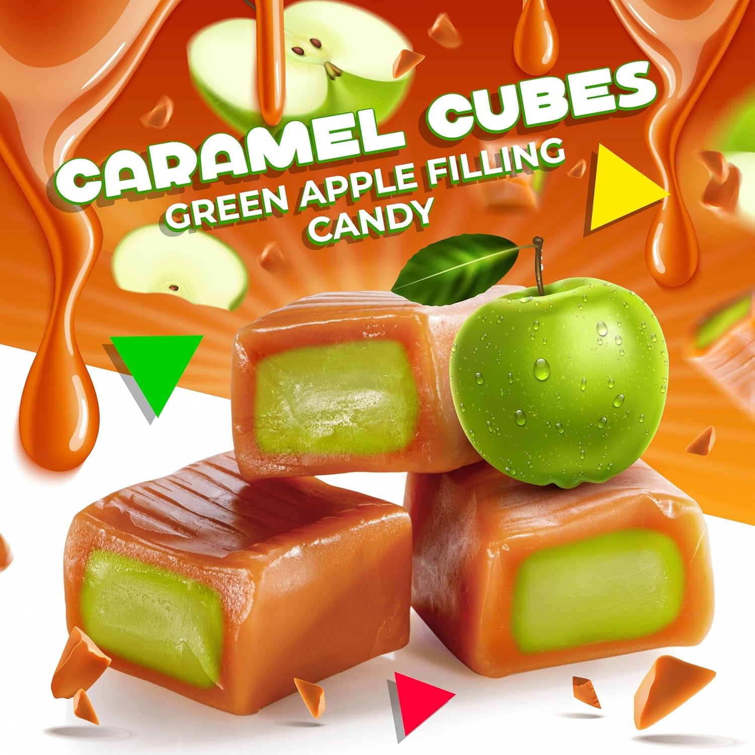 Caramel Cubes Candy | 1 Pound Bag - Approx. 75 Count | Green Apple Filling | Individually Wrapped