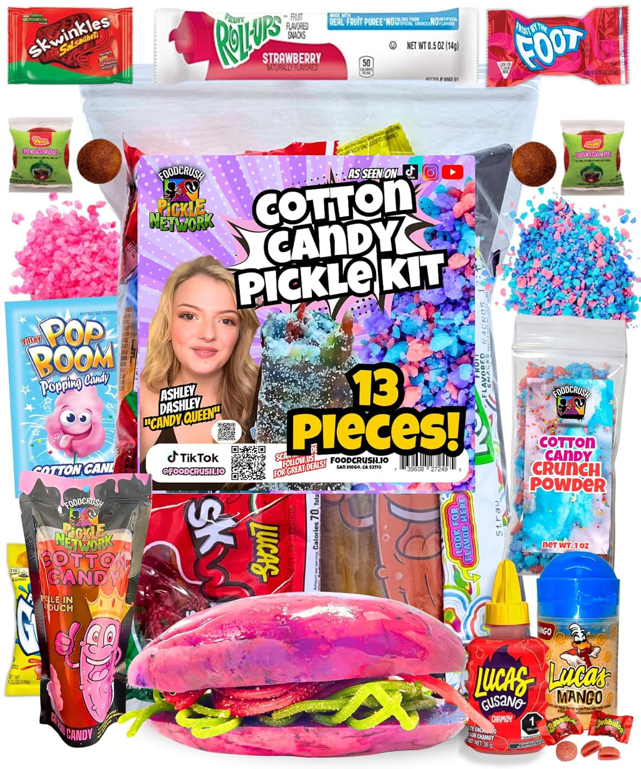 Blue Raspberry Pickle Kit with Takis-Mexican Candy (Dulces Mexicano) Gift Pouch with Takis, Fruit Roll Up, Gushers, Lucas Gusano Chamoy Sauce and More-Tiktok Trend Items by