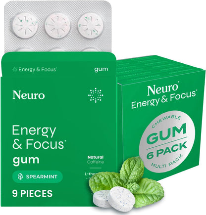 Energy & Focus Gum (54 Count-6 Pack, Peppermint) | 40Mg Natural Caffeine + L-Theanine + Vitamin B12 & B6 + Xylitol | Sugar Free Nootropic Cognitive Brain Performance Supplement