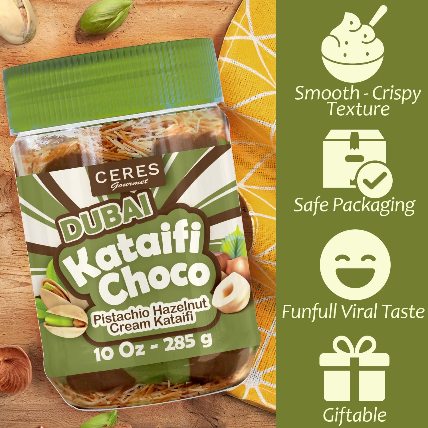 Dubai Spreadable Chocolate– Premium Chocolate Pistachio Spread with Roasted Phyllo, Gourmet Breakfast Chocolate