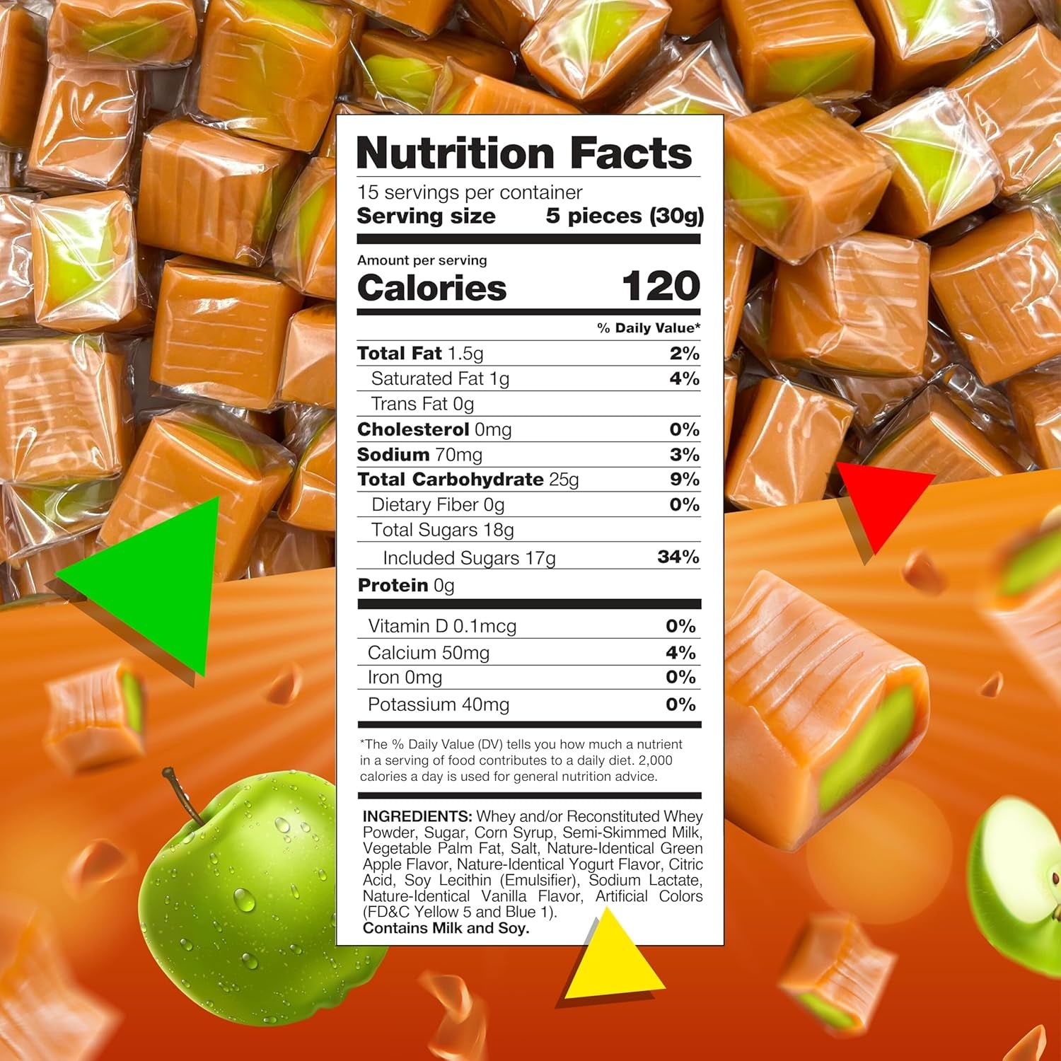 Caramel Cubes Candy | 1 Pound Bag - Approx. 75 Count | Green Apple Filling | Individually Wrapped