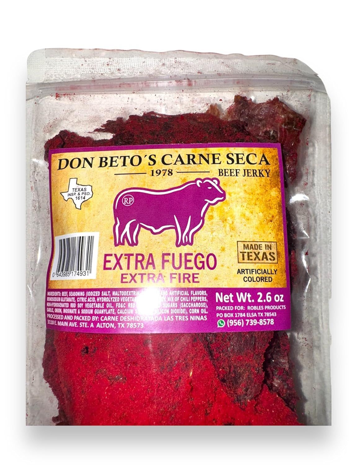 Extra Fuego Beef Jerky, Texas Made, Extra Spicy, 2.6 Oz