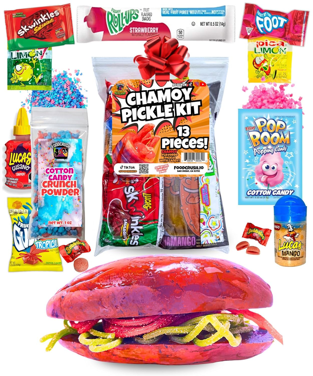 Blue Raspberry Pickle Kit with Takis-Mexican Candy (Dulces Mexicano) Gift Pouch with Takis, Fruit Roll Up, Gushers, Lucas Gusano Chamoy Sauce and More-Tiktok Trend Items by