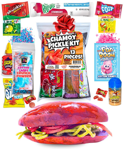 Blue Raspberry Pickle Kit with Takis-Mexican Candy (Dulces Mexicano) Gift Pouch with Takis, Fruit Roll Up, Gushers, Lucas Gusano Chamoy Sauce and More-Tiktok Trend Items by