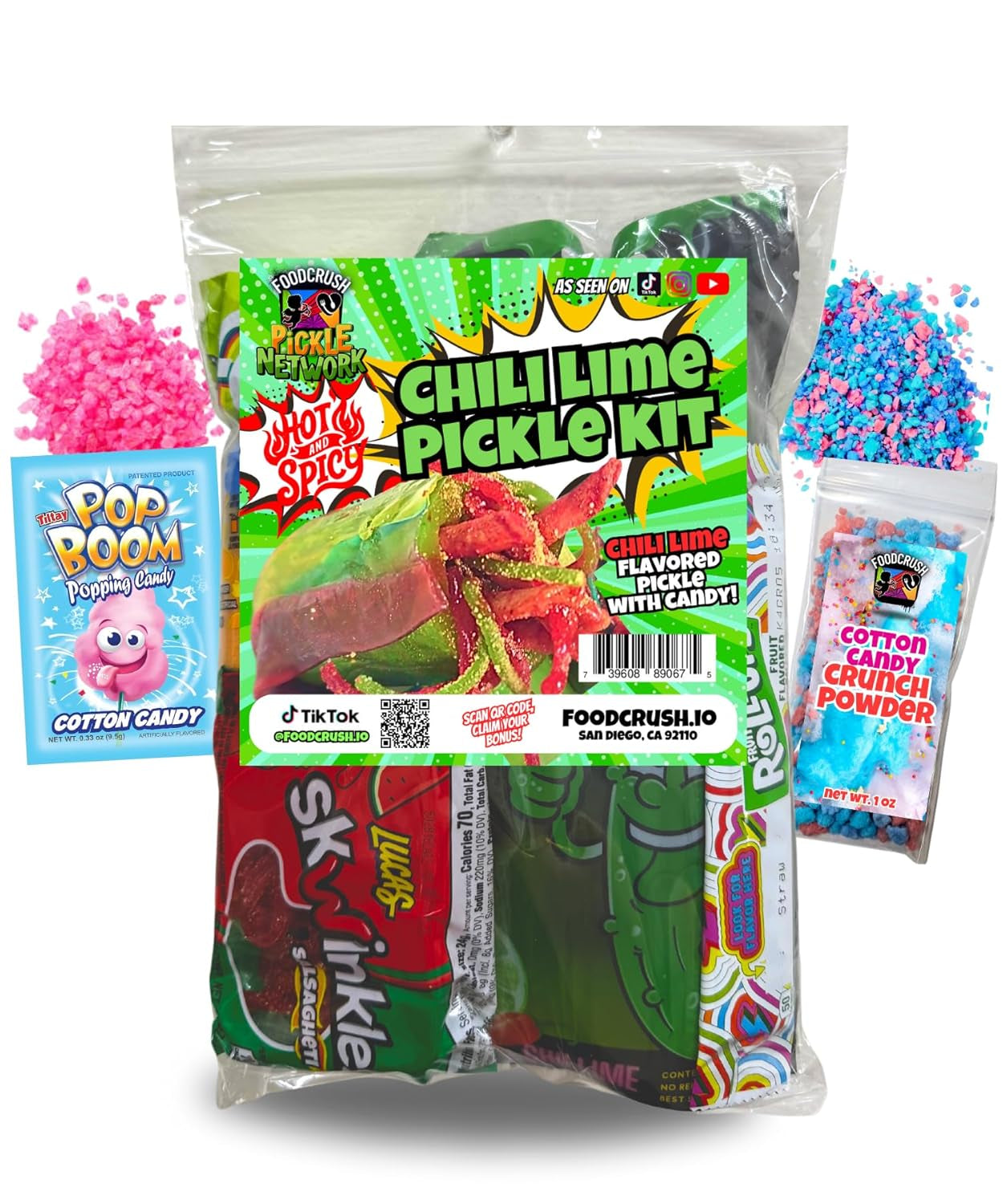 Blue Raspberry Pickle Kit with Takis-Mexican Candy (Dulces Mexicano) Gift Pouch with Takis, Fruit Roll Up, Gushers, Lucas Gusano Chamoy Sauce and More-Tiktok Trend Items by