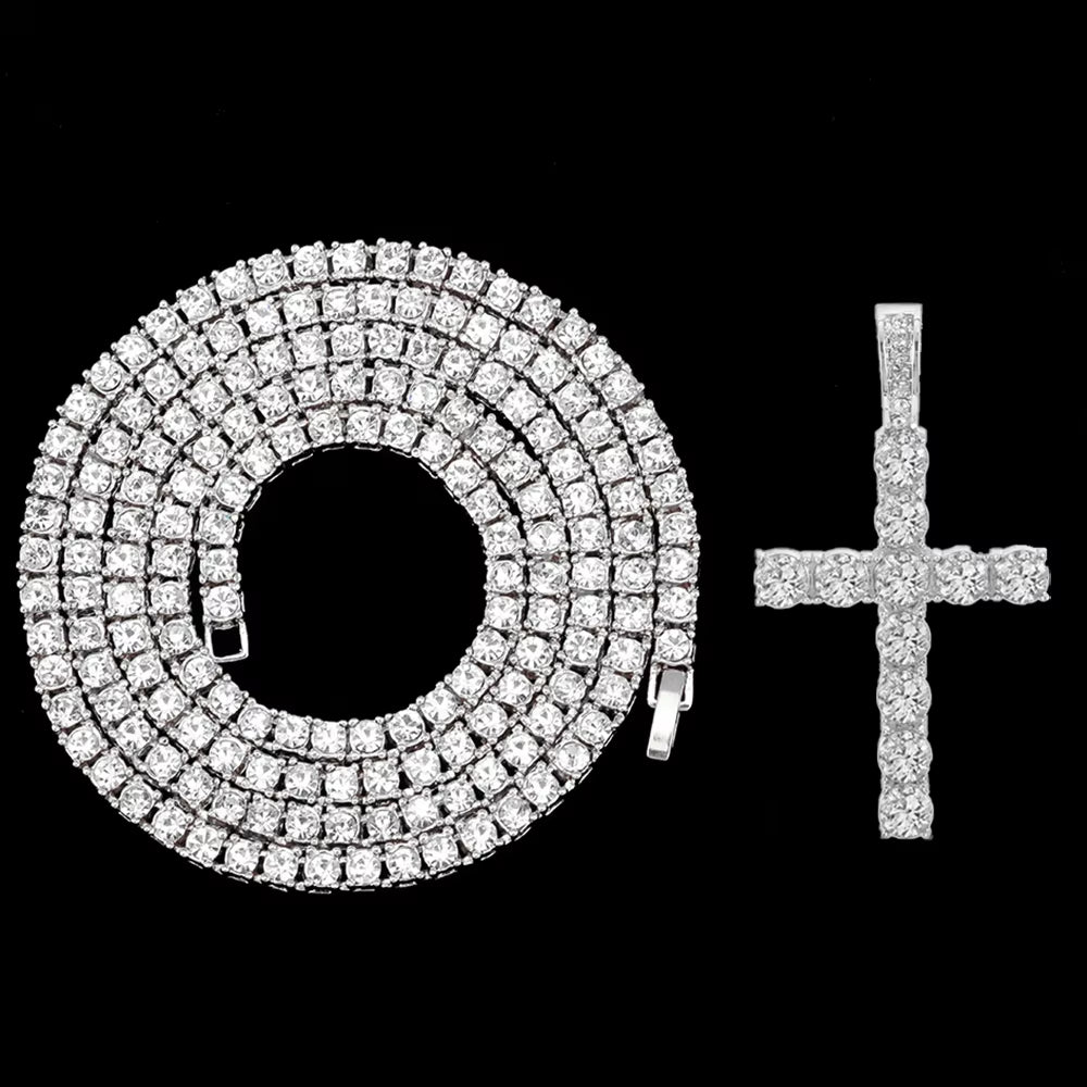 Hip Hop Iced Out Cross Pendant Necklace Strap 4Mm Zircon Tennis Chain Men Women Sparkling Necklace Punk Jewelry Fashion Gift