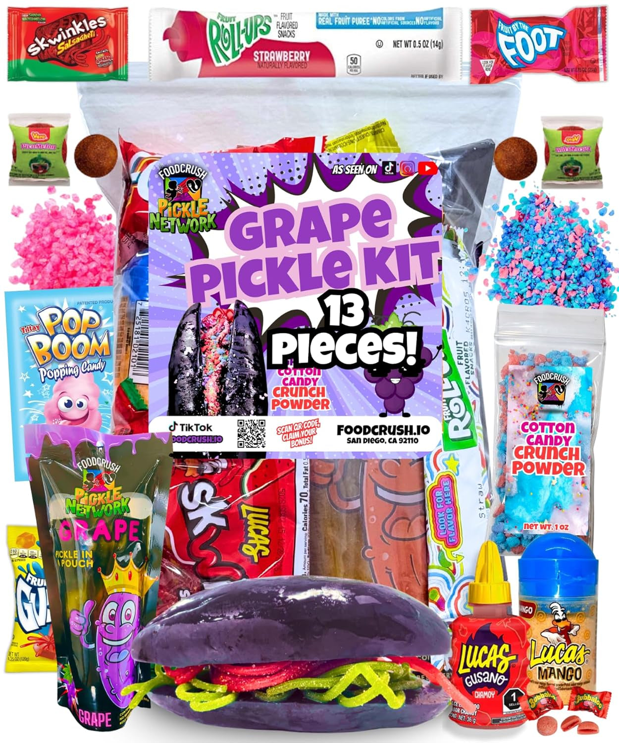 Blue Raspberry Pickle Kit with Takis-Mexican Candy (Dulces Mexicano) Gift Pouch with Takis, Fruit Roll Up, Gushers, Lucas Gusano Chamoy Sauce and More-Tiktok Trend Items by